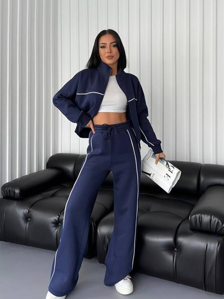 A456 Women's 3D Sier Long Sleeve Semi-high Neck Jackets Sweater Sports Striped Pants Leisure Suit