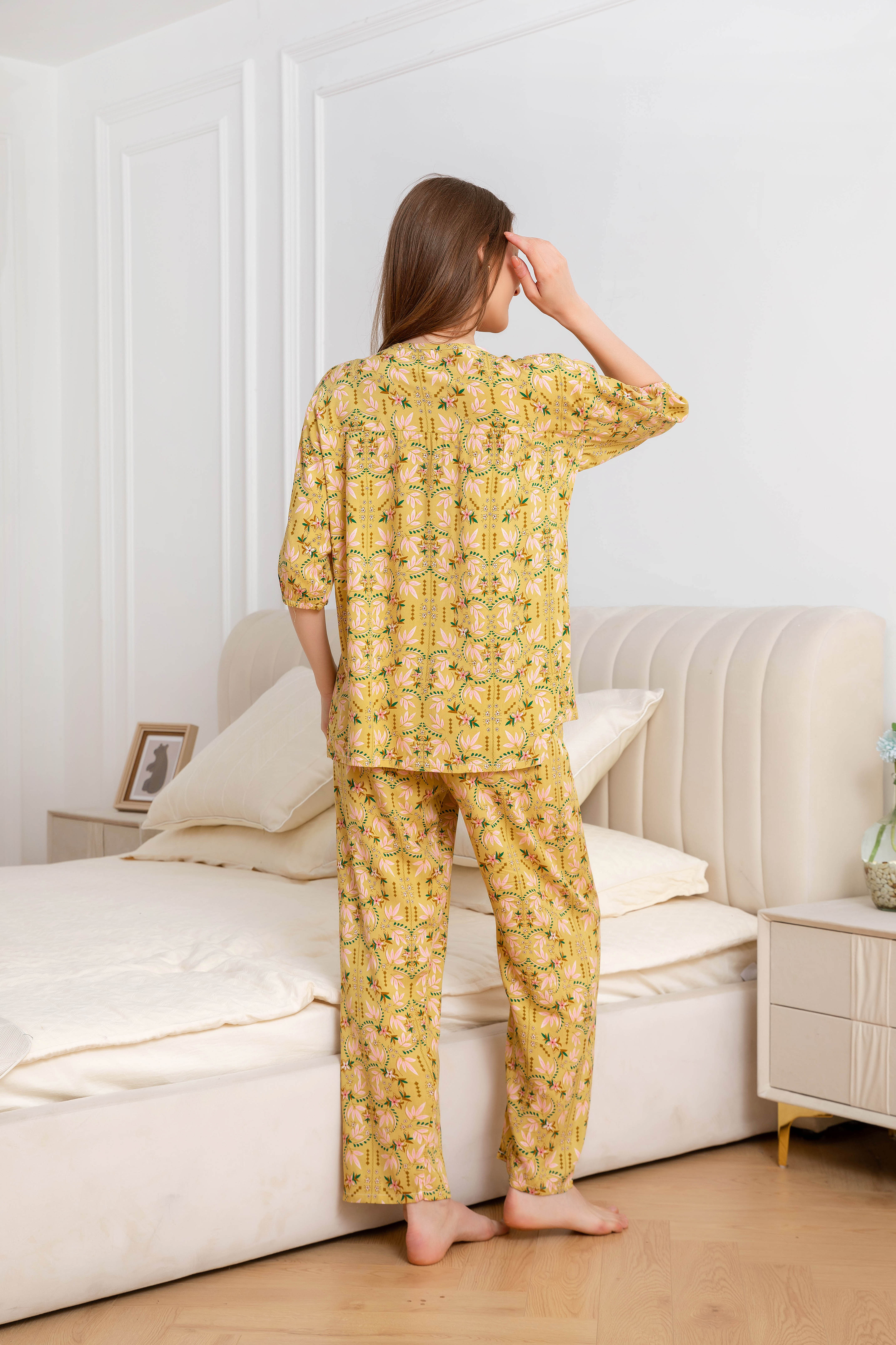 Women's Home Clothes Pajamas Yellow Base Pink Leaf Pants Set C206