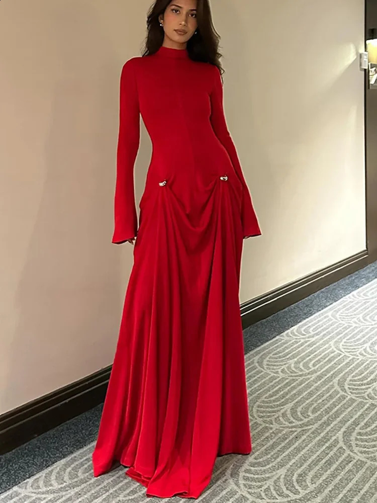 Irregular Pleated Solid Slim Maxi Dress Women Elegant Half High Collar Long Sleeved long Dresses Female Party Evening Robes 240722