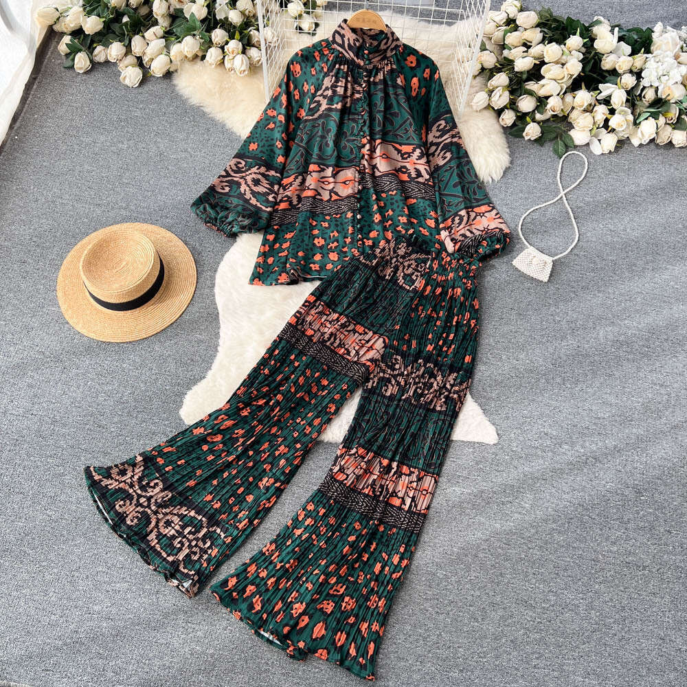 Spring and Autumn Style Printed Womens Lantern Sleeve Half High Collar Loose Shirt+wide Leg Pleated Pants Two-piece Set Bifurcated Pregnant Womens Dre