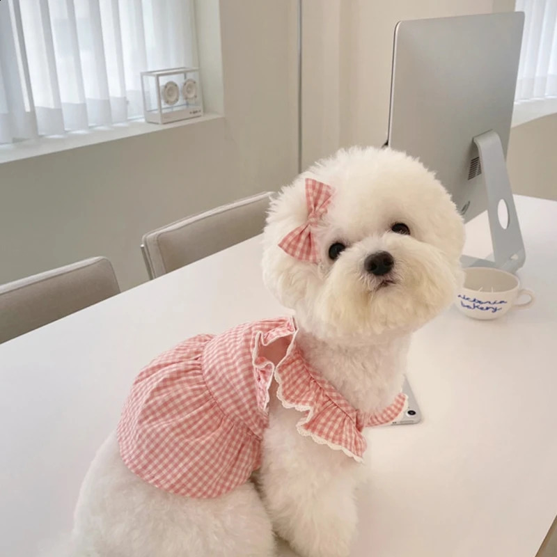 Princess Pink Plaid Dress Pet Clothing Teddy Pomeranian Bears Small Dog Cat Skirt 240722 H260130