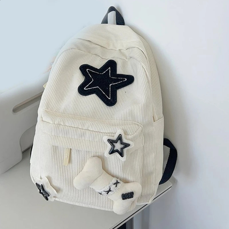 Cute Y2K Aesthetic Backpack Stars Pattern Preppy Rucksack College Student Computer Backpack Corduroy Bookbag for 240921