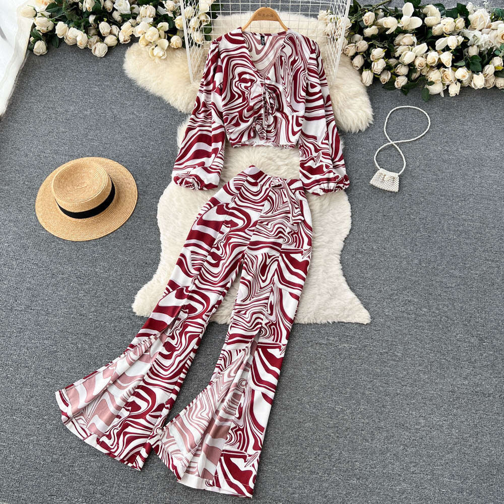 Vacation Style Two-piece Set for Women in Autumn, Fashionable and Trendy, Printed Long Sleeved Shirt Top, Split Casual Pants Loose Sexy Lace Dress