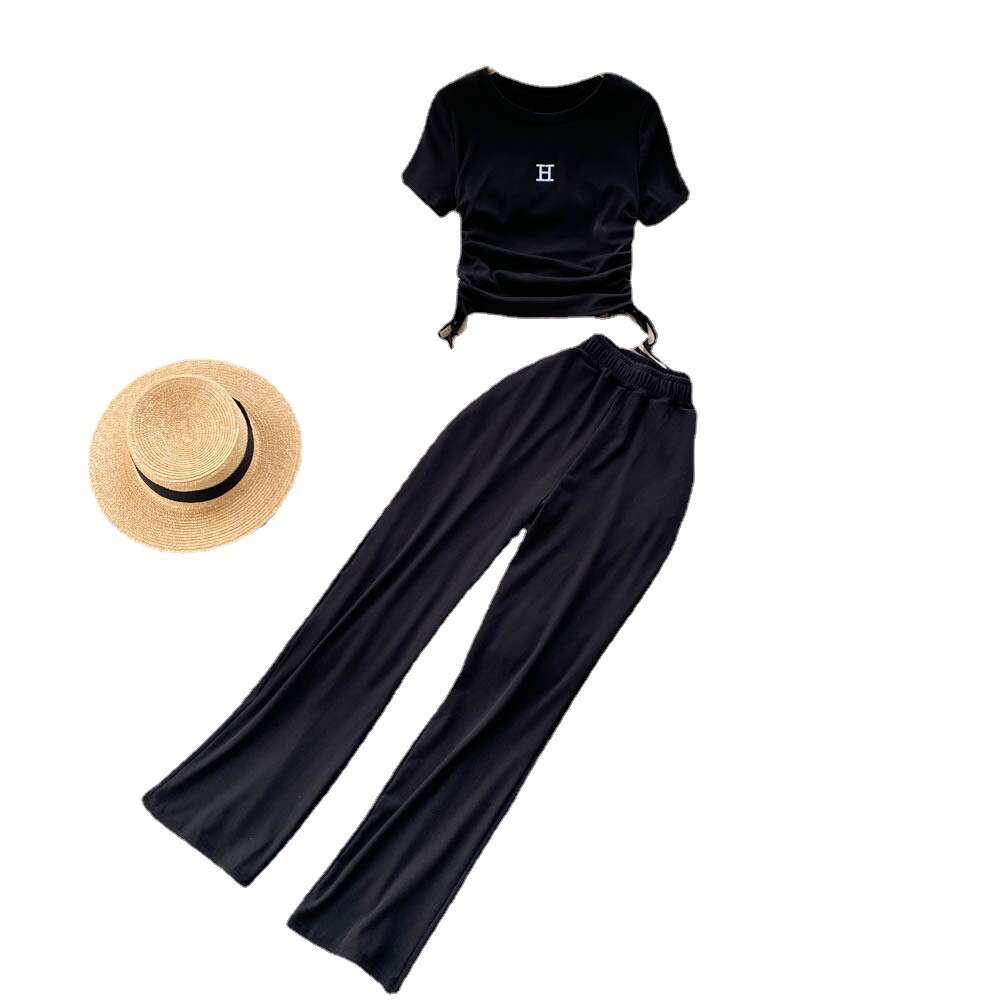 Summer Light Mature Womens Pleated Drawstring Tied Short Sleeved Top+draped Wide Leg Pants Two-piece Set Sexy Self-cultivation Bifurcated Lace Dress