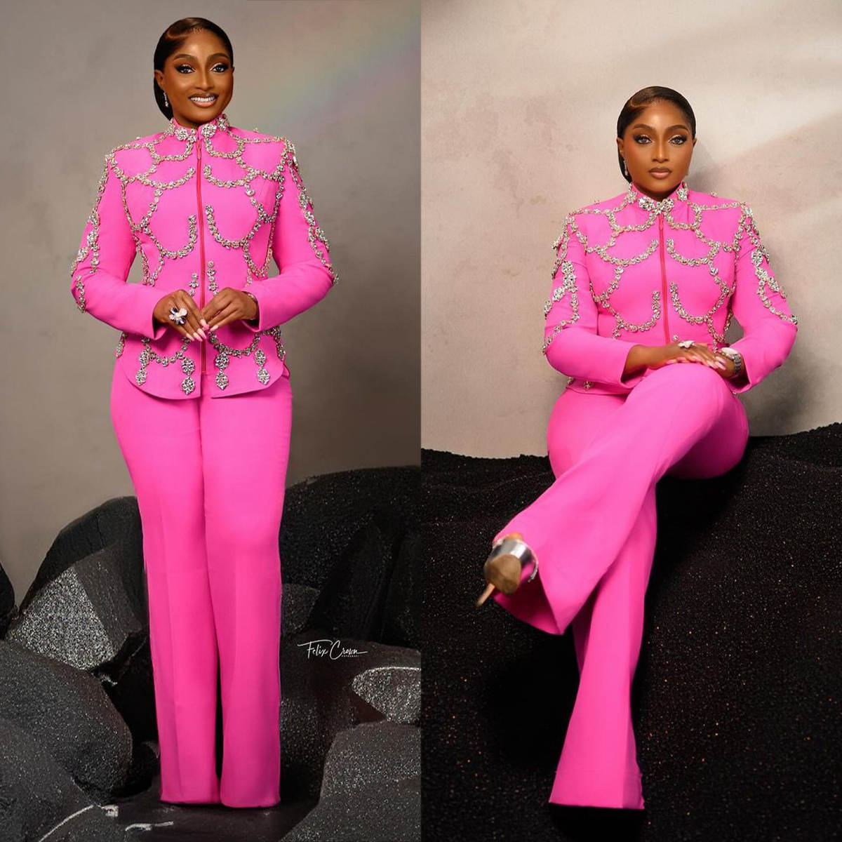 Hot Pink Women Pants Suits Beading Crystal Jacket Evening Party Wear For Wedding 2 Pieces