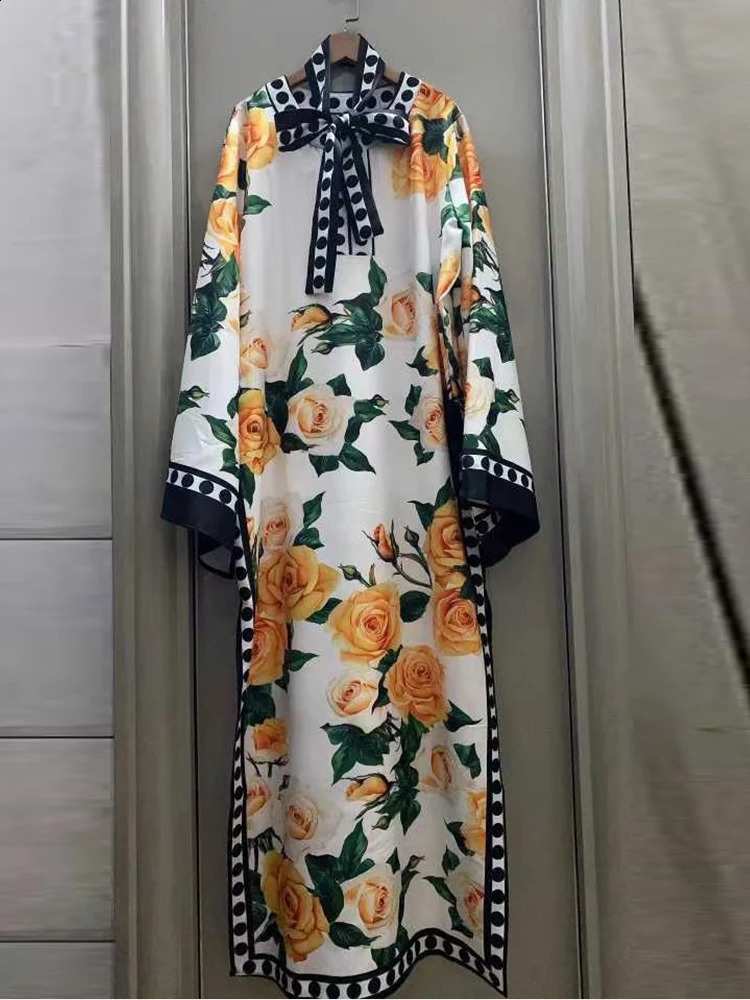 spring ladies printed polka dot temperament split long-sleeved loose dress Bohemian holiday gown skirt 240723
