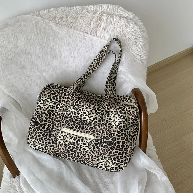 Leopard Pattern Womens Canvas Shoulder Bag Casual Simple Large Capacity Shopping Travel Handbag 240723ZYl