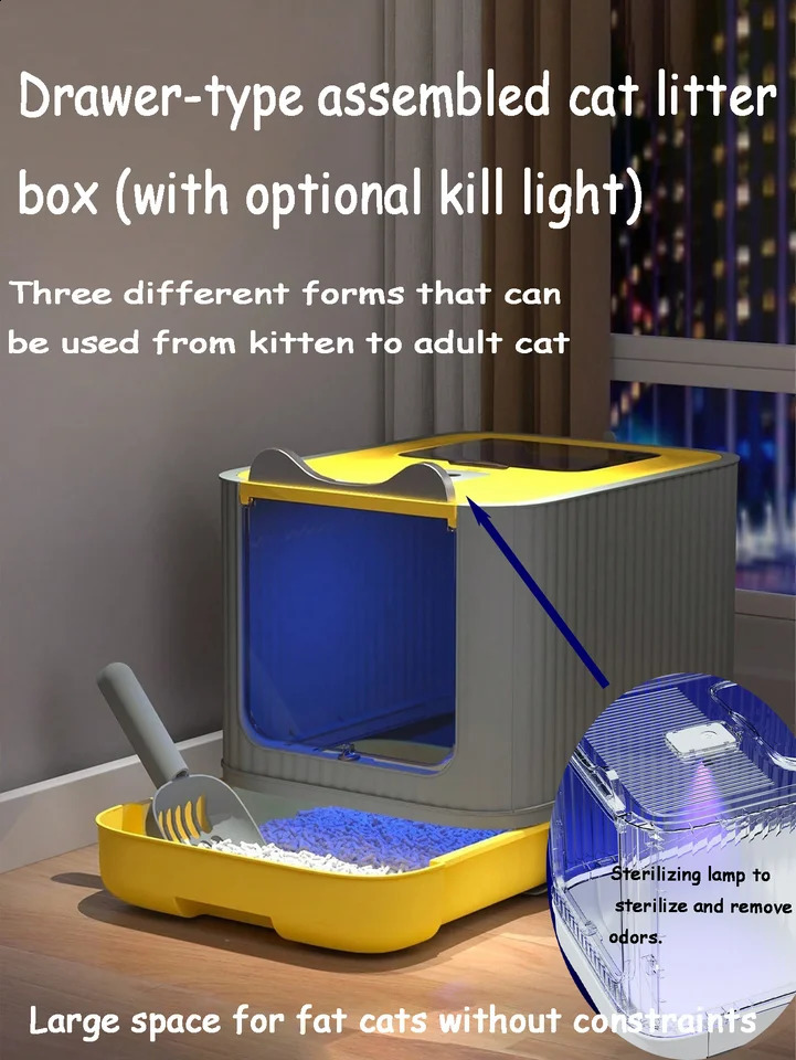 Portable Cat Litter Box with UV Sterilizing Lamps No-Assembly-Detachable Fully Enclosed Cat Litter Box Medium Feline 240722