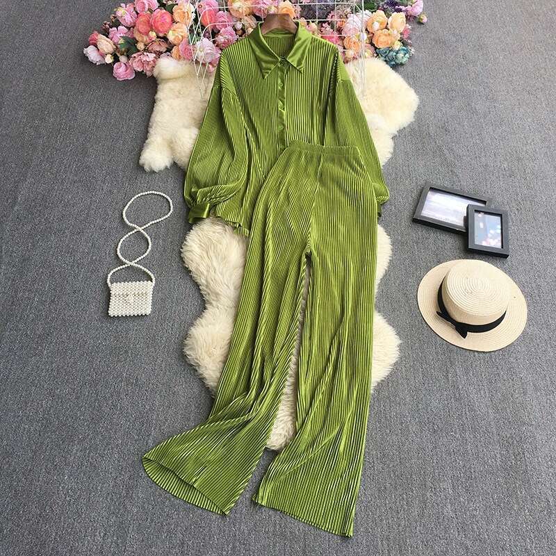Fashion Womens Loose Fitting Long Sleeved Pleated Clean Color Shirt Two-piece Set High Waisted Draped Straight Wide Leg Pants BOHO DRESS Lace Dress