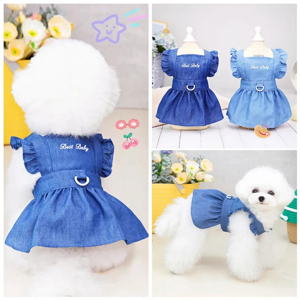 Spring Summer Dog Dress for Small Kitten Dogs Clothes Puppy Letters Embroidered Jean Strap Dresses Chihuahua Skirts Pet Costumes 240722 H260129