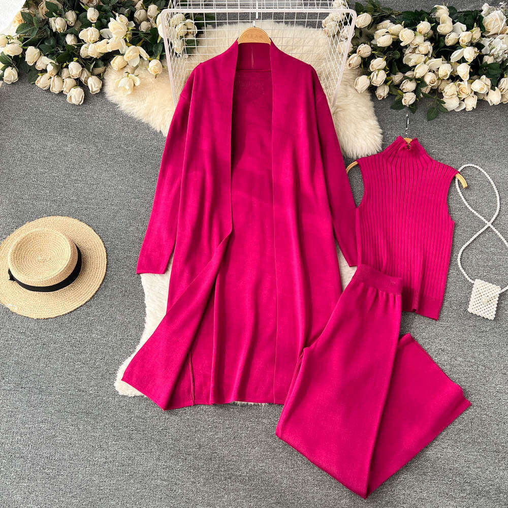 Autumn Lazy Loose Knitted Womens Long Shawl Cardigan+high Neck Sweater+wide Leg Pants Three Piece Set Temperament Oversize Dress High Waist Dress