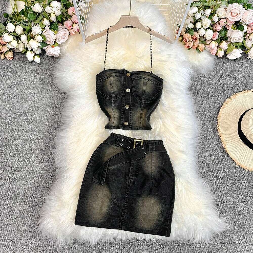 American Spicy Girl Style Sexy Bra Hanging Neck Top Short Versatile Cowboy Half Skirt Two Piece Set Trendy Bifurcated Short Silk Dress Lace Dress