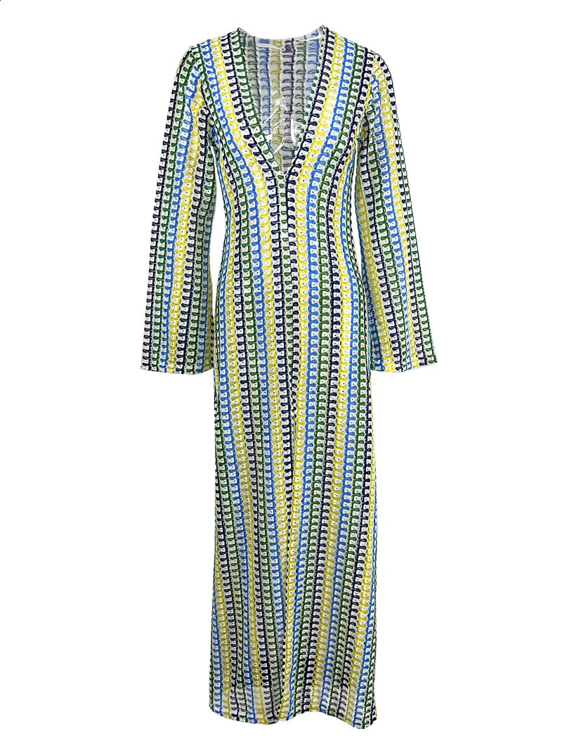 2024 Women Deep V Neck Casual Bohemian Maxi Dress Elegant Straight Flare Long Sleeve Vestidos Sexy Beach Vacation Party Robe 240715