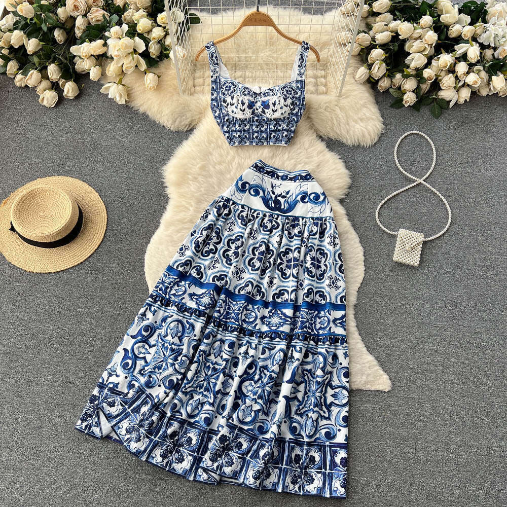 Blue and White Porcelain Printing Set for Womens Three Dimensional Chest Cushion Short Bra Sling+two Pleated Skirts Bifurcated High Waist Dress BOHO D