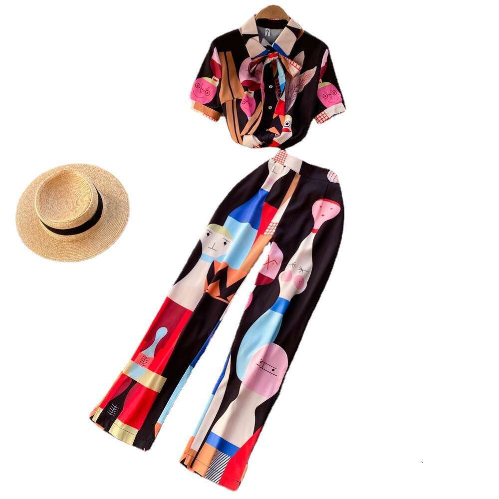 2022 New Printed Shirt Womens Lacing Small Feet Casual Pants Fashion Two Piece Set Novelty Waist Sexy Loose Temperament Oversize Dress Lace Dress