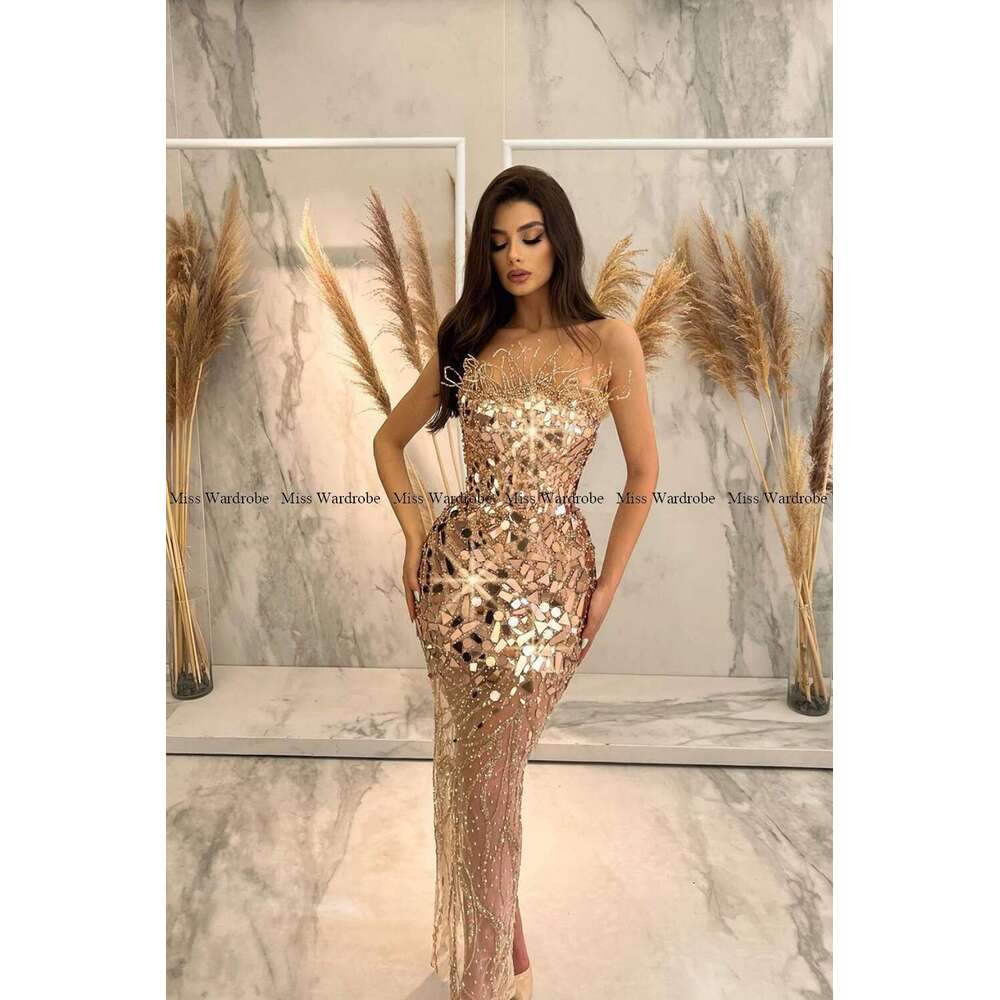 Gold Sequined Shiny Mermaid Evening Gown Strapless Lace See Through Beaded Prom Dress Ankle Length Open Back Formal Party Robe 6660311