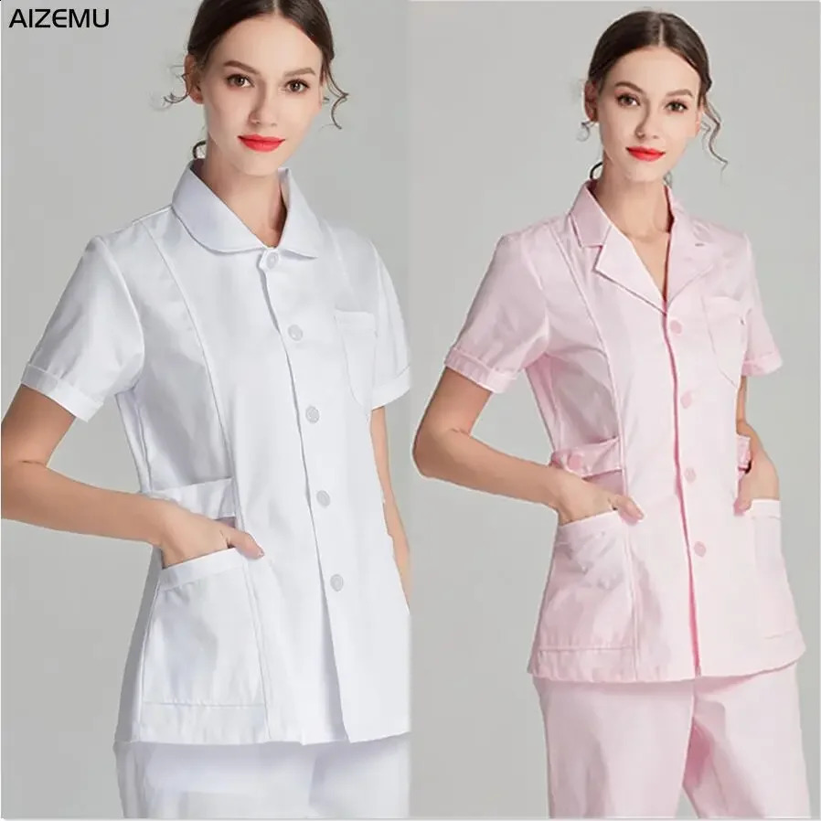 White Short Scrubs Top Nurse Uniforms Set Lab Coat Doctor Uniform Women Clothing Pink Beauty Salon Long Sleeve clothes 240722