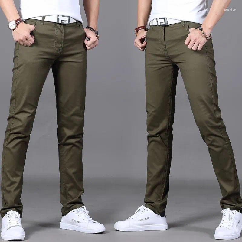 Mens Pants 2024 Brand Spring And Summer 98% Cotton Men Business Slim Elastic Casual Black Khaki Fit Straight Pant Trousers Male