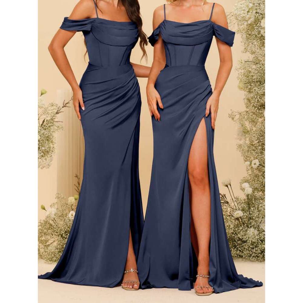 Satin Spaghetti Straps Long Bridesmaid Dresses Off-The-Shoulder Split Side & Ruched Evening Gowns Elegant Backless Party Dress