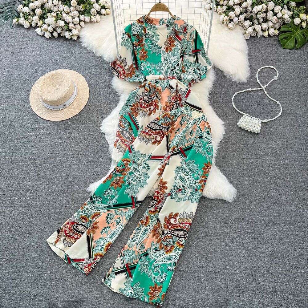 Short Sleeved Loose Single Breasted Tie Up Waist Cinching Printed Shirt Two-piece High Waisted Wide Leg Pants Fashion Set for Women Sexy Loose Denim D