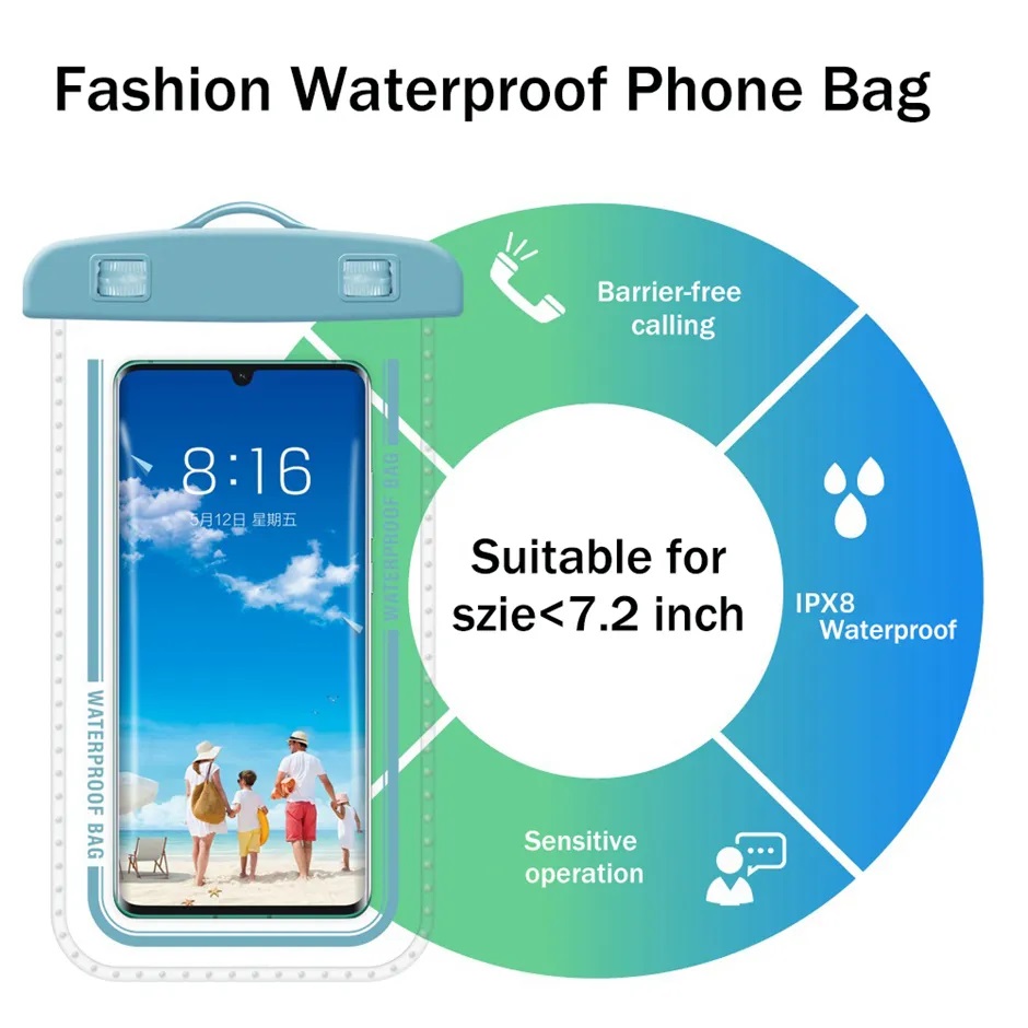 IPX8 PVC Universal Swin Swimming Waterproof Bag Transparent Touch Screen For Below 7.2 inch Phone iPhone 16 15 Pro Max Samsung S24 S25 Xiaomi Redmi Ph
