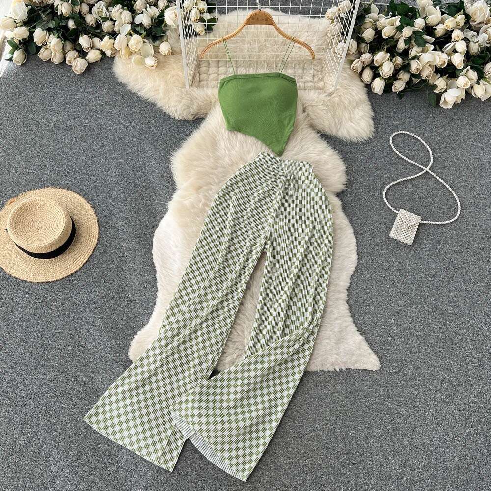 Spicy Girl Two Piece Set of Womens Style Bra and Strap Short Knitted Top Printed High Waist Wide Leg Pants Sexy Dress Bifurcated Novelty Pregnant Wome