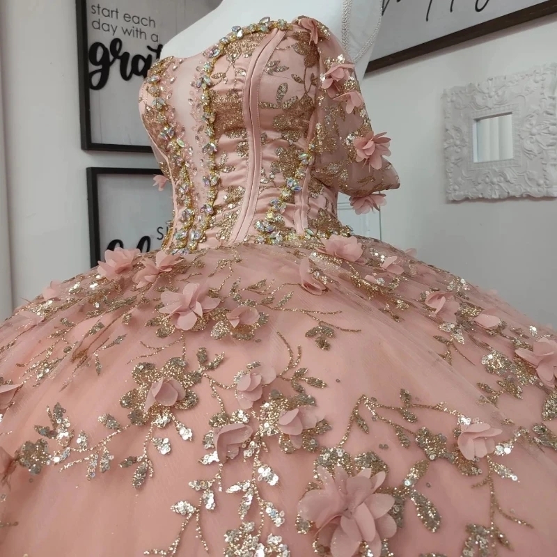 Pink Shiny Off Shoulder Quinceanera Dresses for Teens Vestidos De 15 Anos Quinceaneras Ball Gown Tulle 3D Appliques Beads Sweet 16