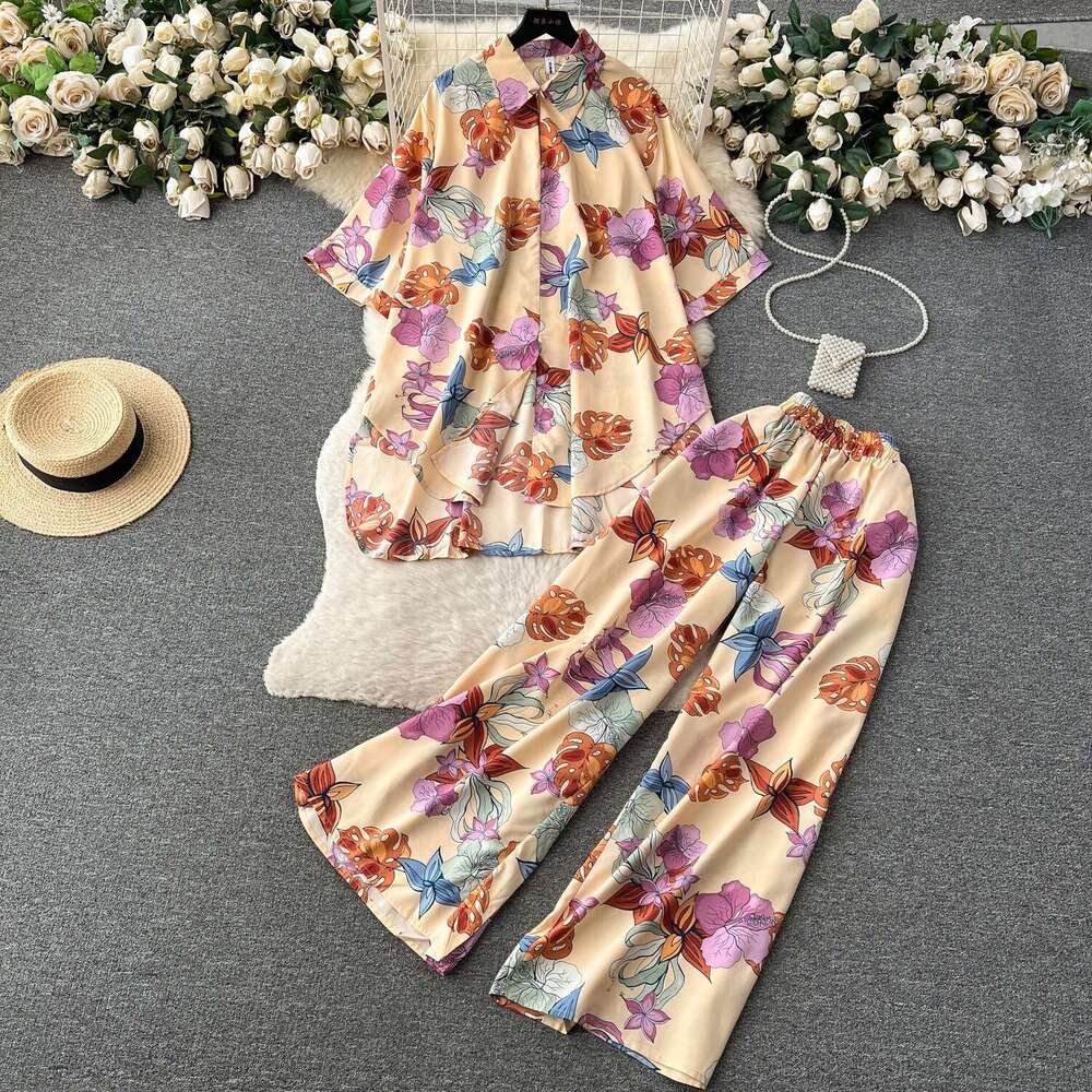 Wind High-end Fashion Set, Summer Loose and Slimming Print Shirt, High Waist Drape, Wide Leg Pants Bifurcated Novelty Loose Lace Dress Oversize Dress