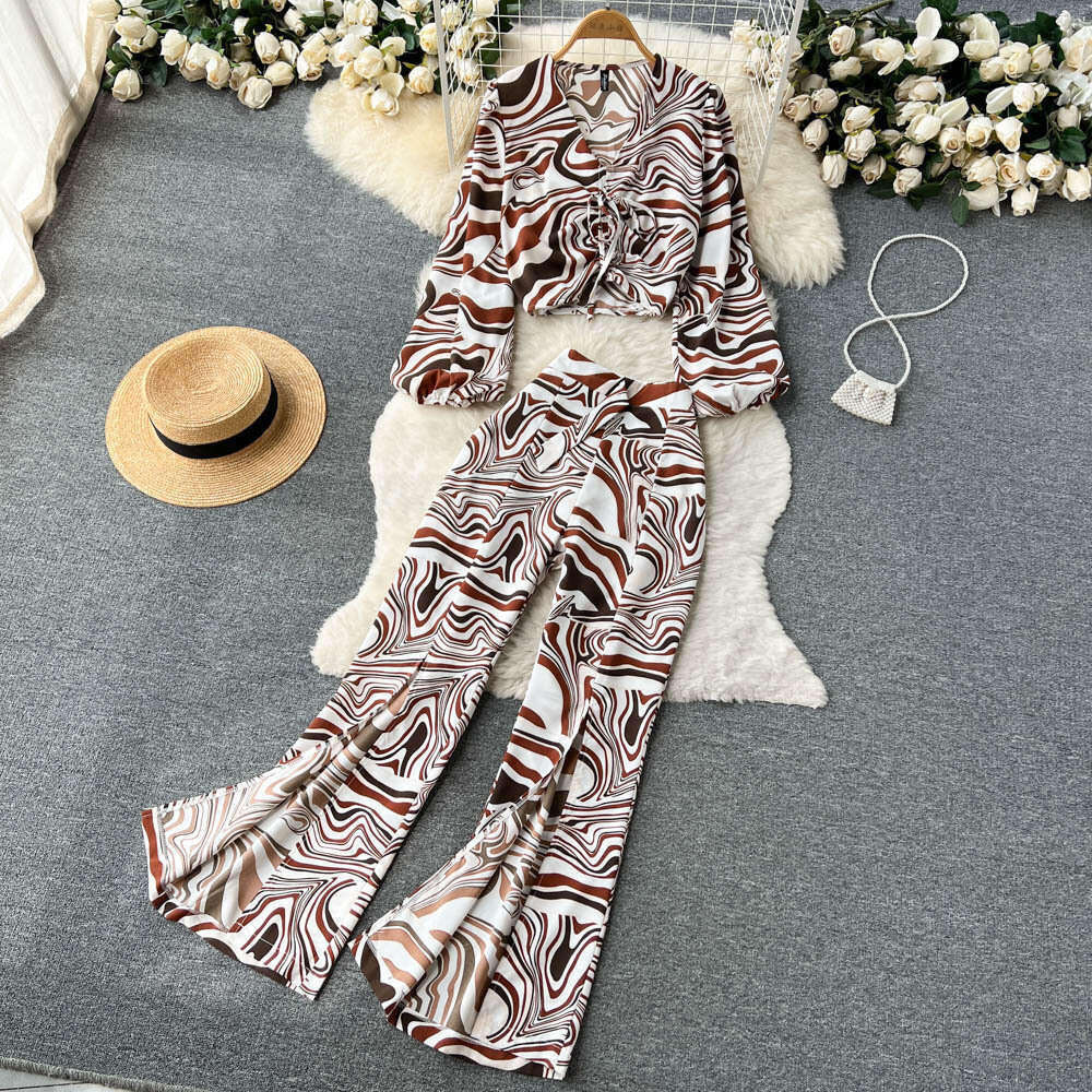 Vacation Style Two-piece Set for Women in Autumn, Fashionable and Trendy, Printed Long Sleeved Shirt Top, Split Casual Pants Loose Sexy Lace Dress