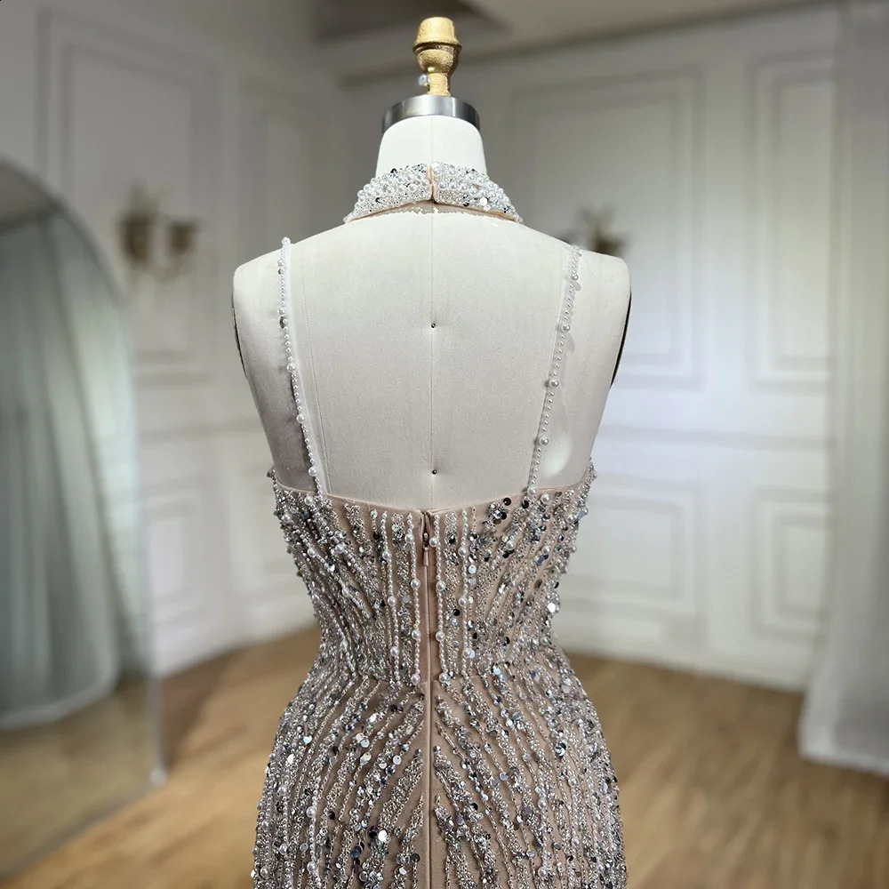 Serene Hill Silver Nude Mermaid Spaghetti with split Strap Beaded Evening Dresses Prom Gowns For Woman Party 2024 LA72047B 240709