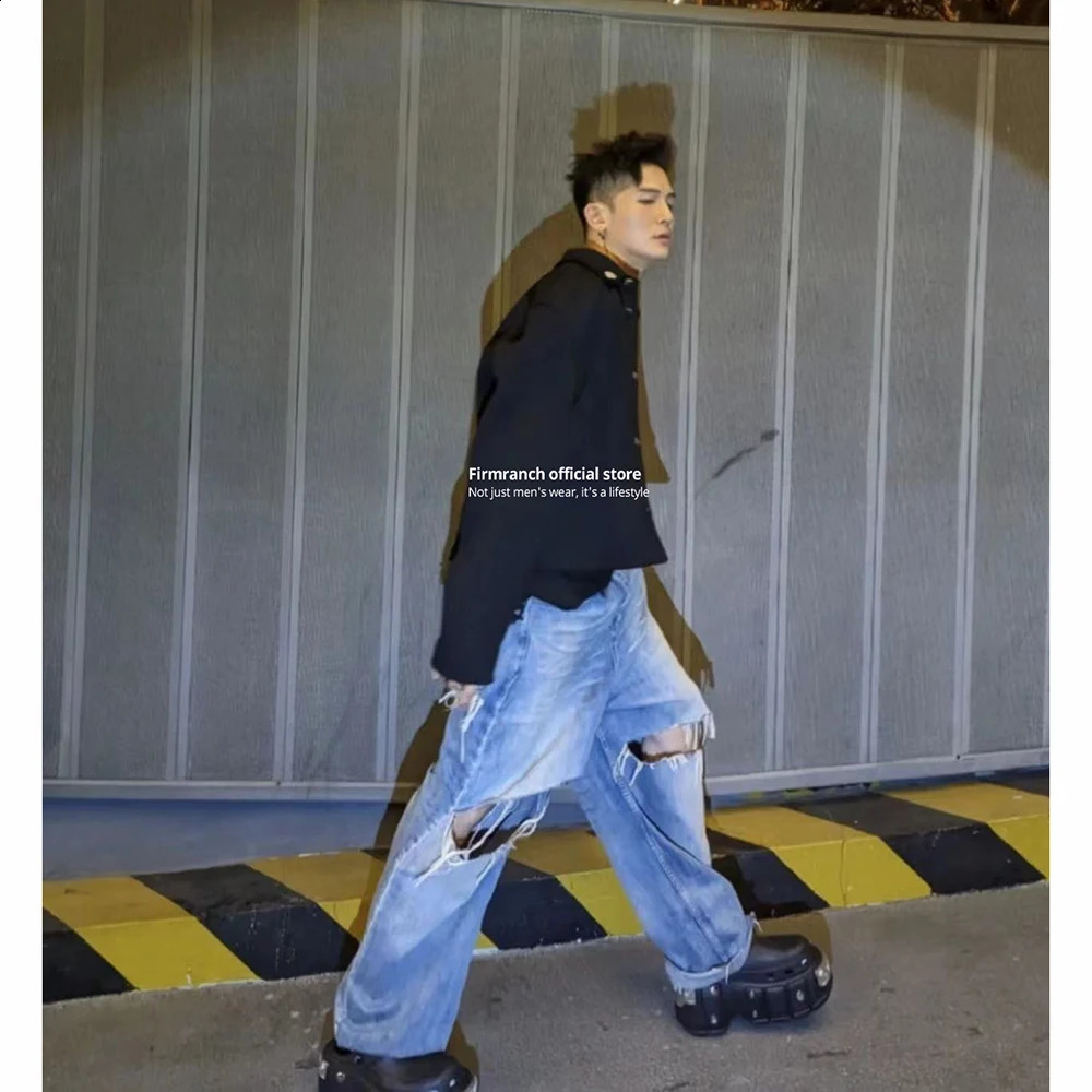 Firmranche Mens Blue Pocket Jeans Large Hole Tear Drag Flat Denim Pants Street Clothing Oversized Trouser 240808