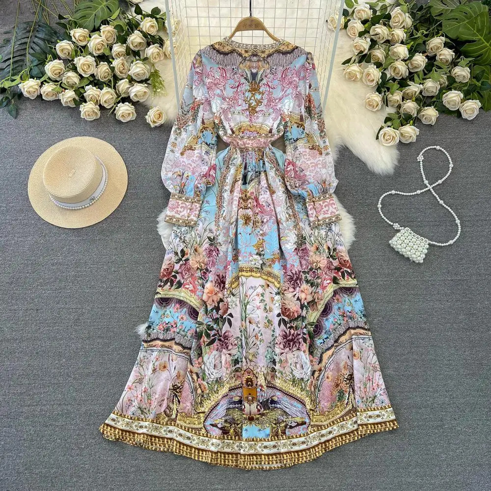 Spring Fashion Runway Gorgeous Flower Chiffon Maxi Dress Women Deep V Neck Long Sleeve Floral Print Boho Robe Vestidos 6549 240808