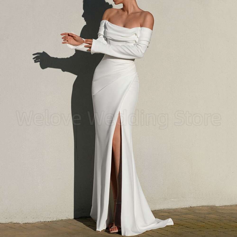 Long Sleeves Off the Shoulder Wedding Dress Boat Neck with Pleat Mermaid or Length Sexy Side Slit Bridal Backless Gowns