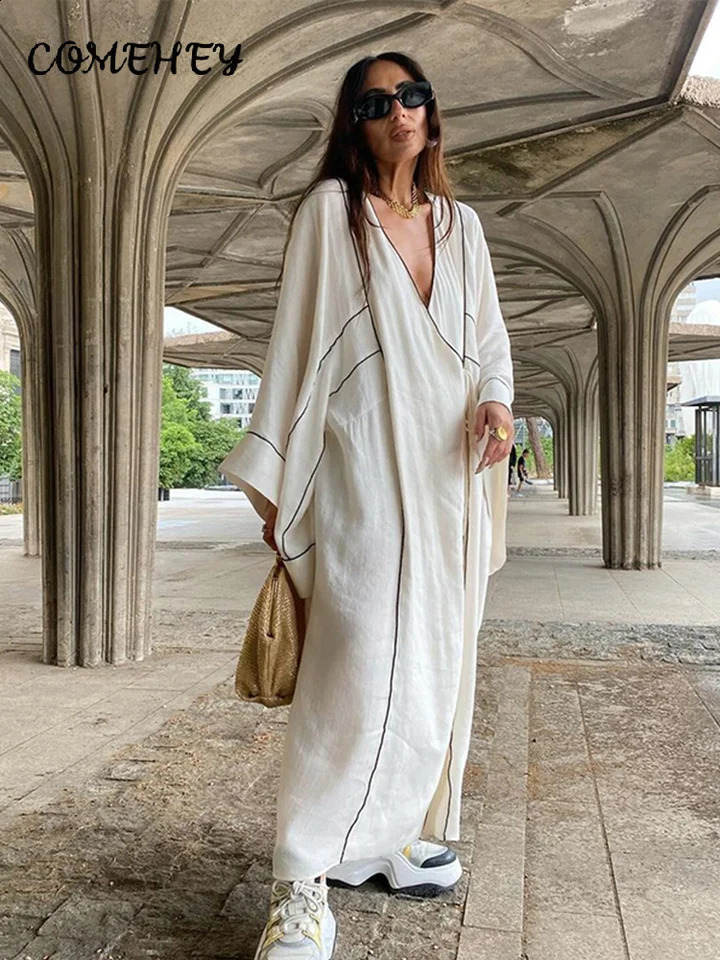 Casual Loose Contrast Maxi Dress Women Elegant Lace Up Printed Flare Sleeve Female Cardigan Dresses Summer Oversized Robe 240712