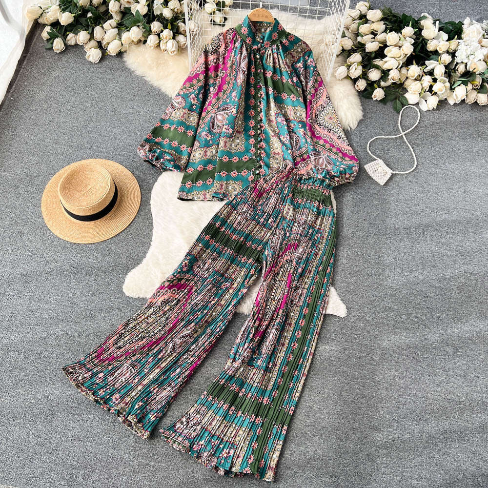 Spring and Autumn Style Printed Womens Lantern Sleeve Half High Collar Loose Shirt+wide Leg Pleated Pants Two-piece Set Bifurcated Pregnant Womens Dre