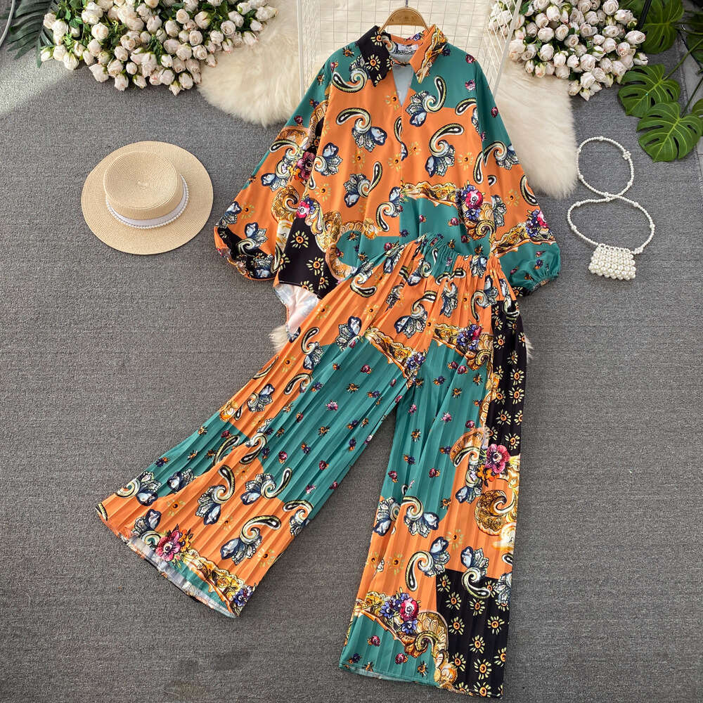 Fashion Loose Lantern Sleeved Printed Front Short Back Long Shirt Two-piece Set of Pleated Wide Leg Pants Short Novelty Sexy Lace Dress High Waist Dre