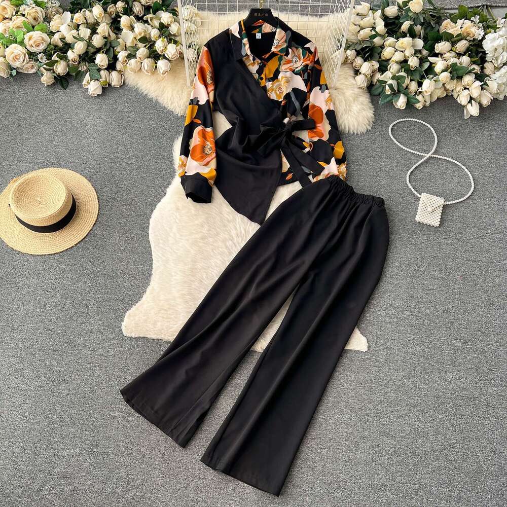 Two Piece Set of Irregular Printed Shirt with Tied Waist and High Waisted Slim Wide Leg Pants for Women Novelty Self-cultivation SKINNY DRESS BOHO DRE