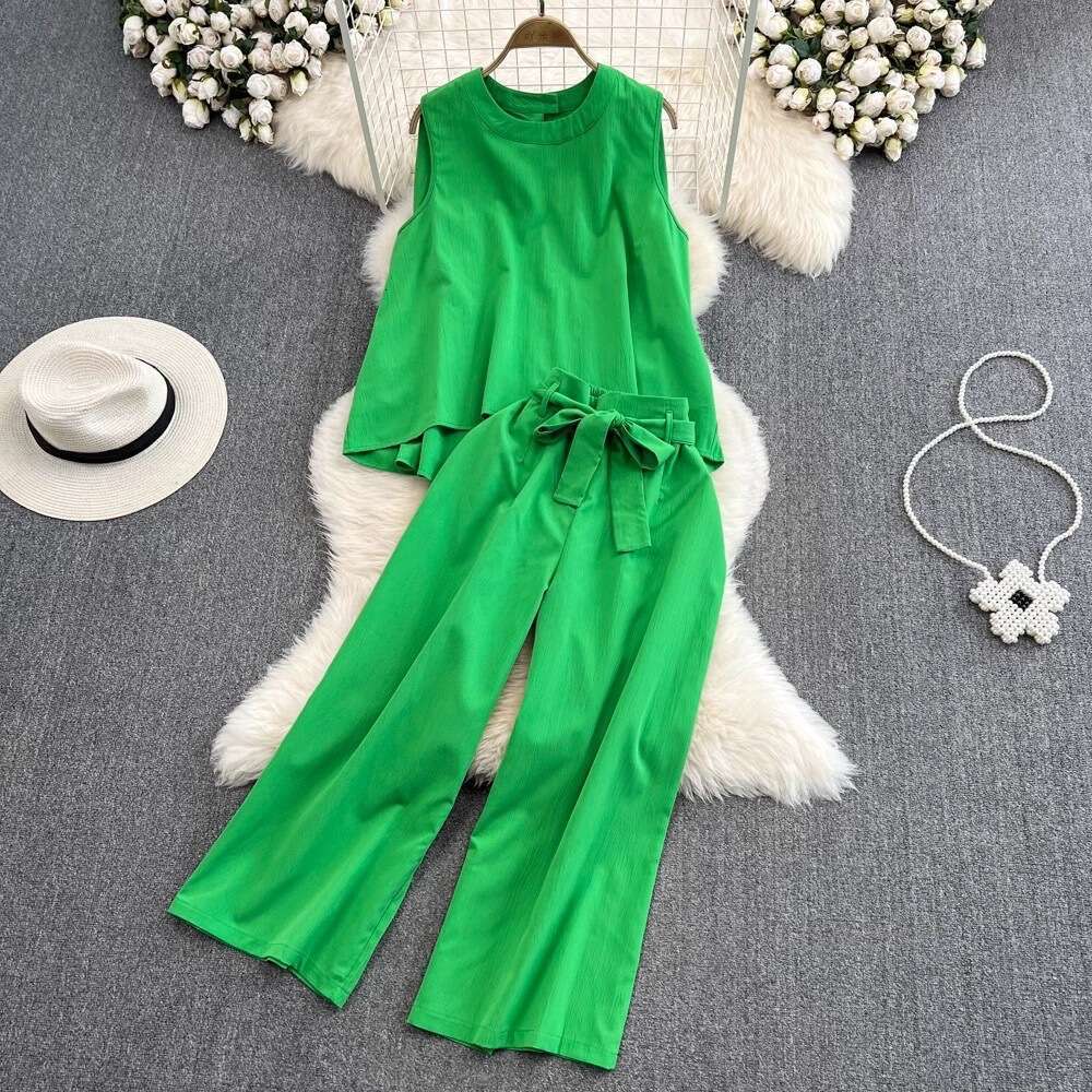 Fashionable Light and Mature Style, Temperament, Round Neck, Loose Sleeveless Top, Two-piece Set, High Waisted, Lace Up, Straight Leg, Wide Leg Lace D