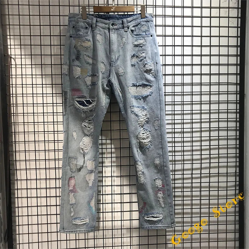 Black fluorescent green letter embroidered pants mens hip-hop damaged hole Distressed high-quality denim jeans 240829