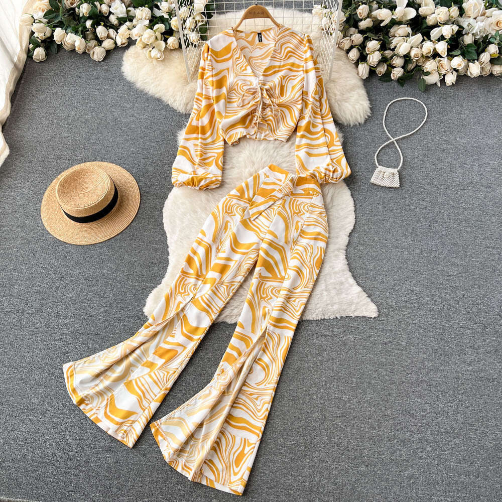 Vacation Style Two-piece Set for Women in Autumn, Fashionable and Trendy, Printed Long Sleeved Shirt Top, Split Casual Pants Loose Sexy Lace Dress