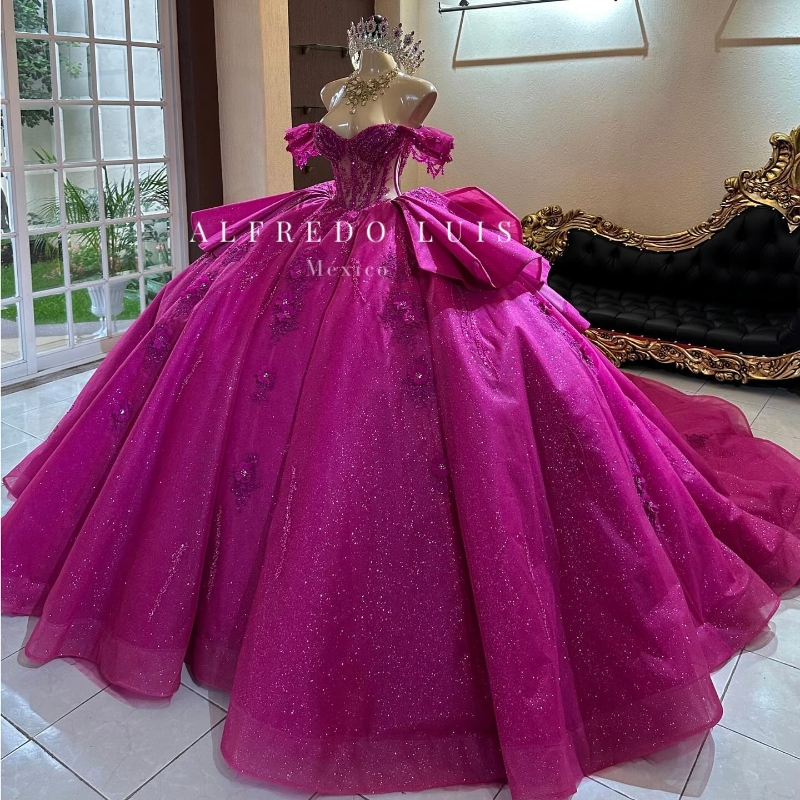 Rose Red Shiny Off The Shoulder Crystal Beading Ball Gown Quinceanera Dresses Appliques Lace Beads Bow Tull Ribbons Corset Vestido De 15