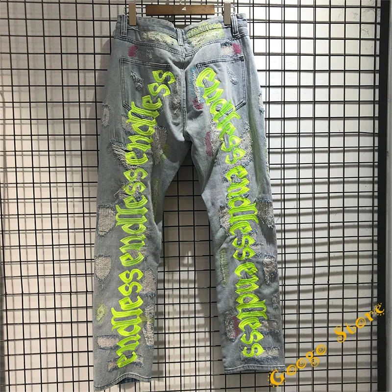 Black fluorescent green letter embroidered pants mens hip-hop damaged hole Distressed high-quality denim jeans 240829