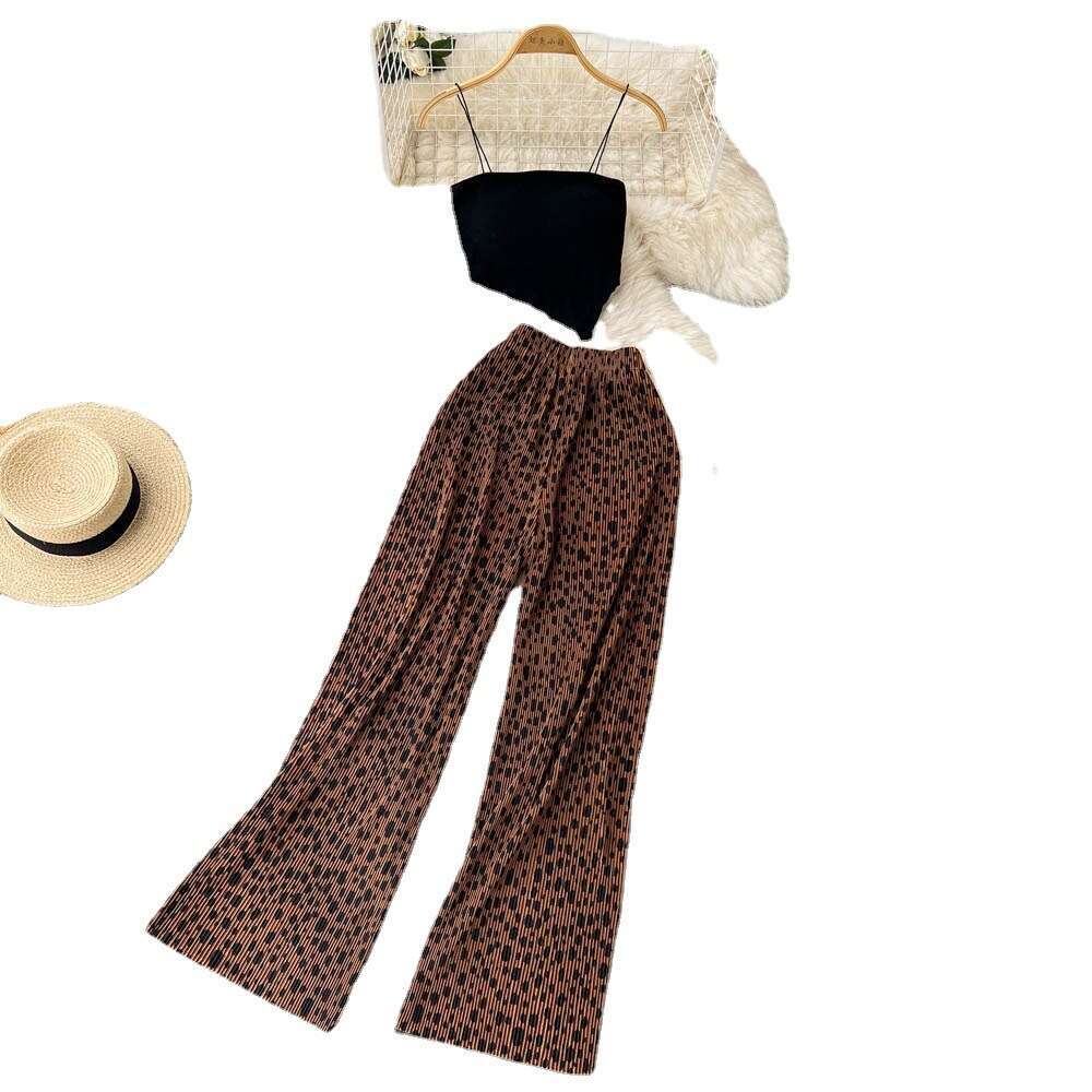 Spicy Girl Two Piece Set of Womens Style Bra and Strap Short Knitted Top Printed High Waist Wide Leg Pants Sexy Dress Bifurcated Novelty Pregnant Wome
