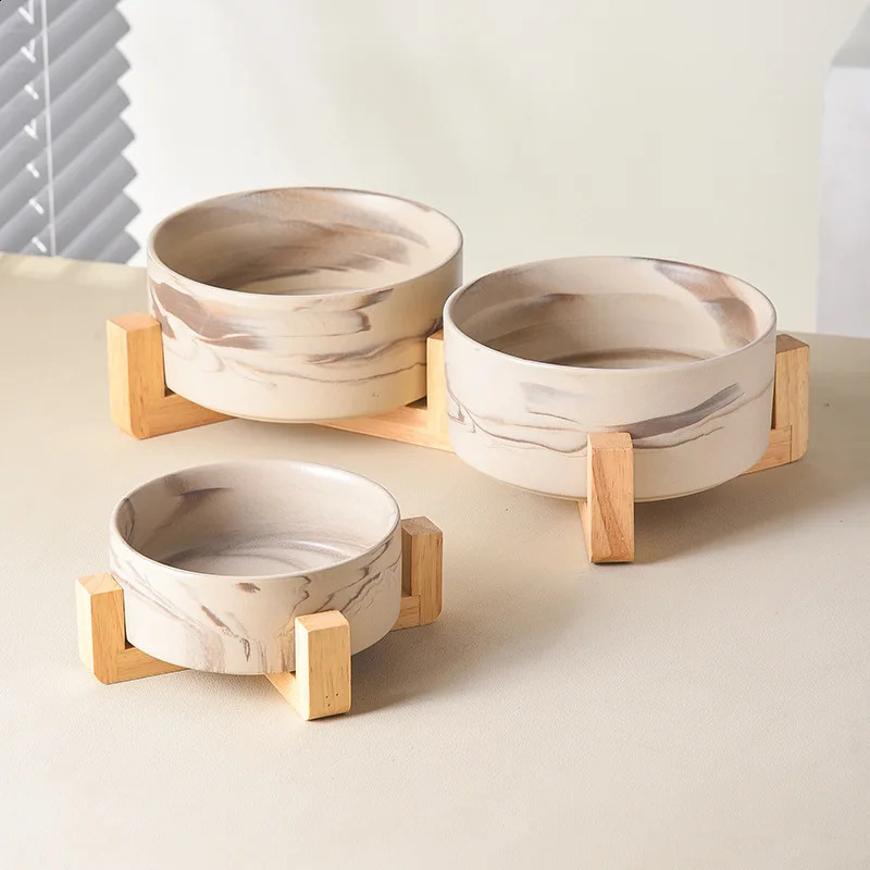 Marbling Ceramic Cat and Dog Bowl Medium Large Dog Feeding and Feeding Double Bowl with Wooden Rack Pet Puppy Accessories 240722