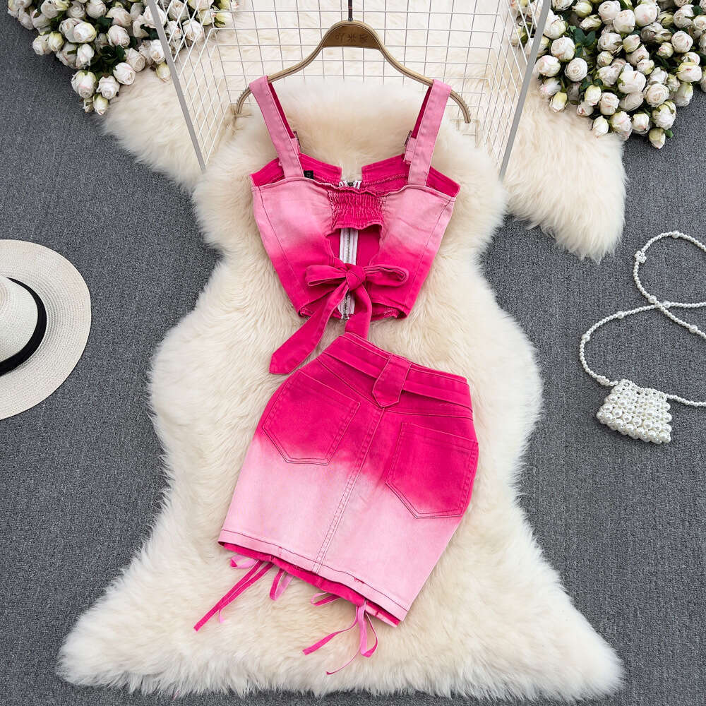 Pink Gradient Spicy Girl Denim Camisole Two-piece Set with High Waistband and Buttocks Strap, Half Skirt for Summer Bifurcated Waist Loose BOHO DRESS