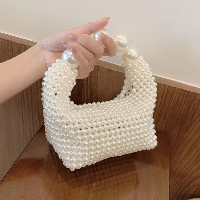 Beaded Woven Tote Bags for Women Pearl Purses and Handbags Ladies Evening Party Hand Holiday Purse 240819