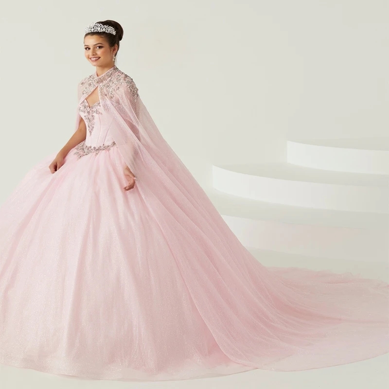 Pink Shiny Ball Gown Quinceanera Dress 2025 Lace Beads With Cape Tulle Princess Sweet 16 Vestido De XV Anos Brithday Party Gown