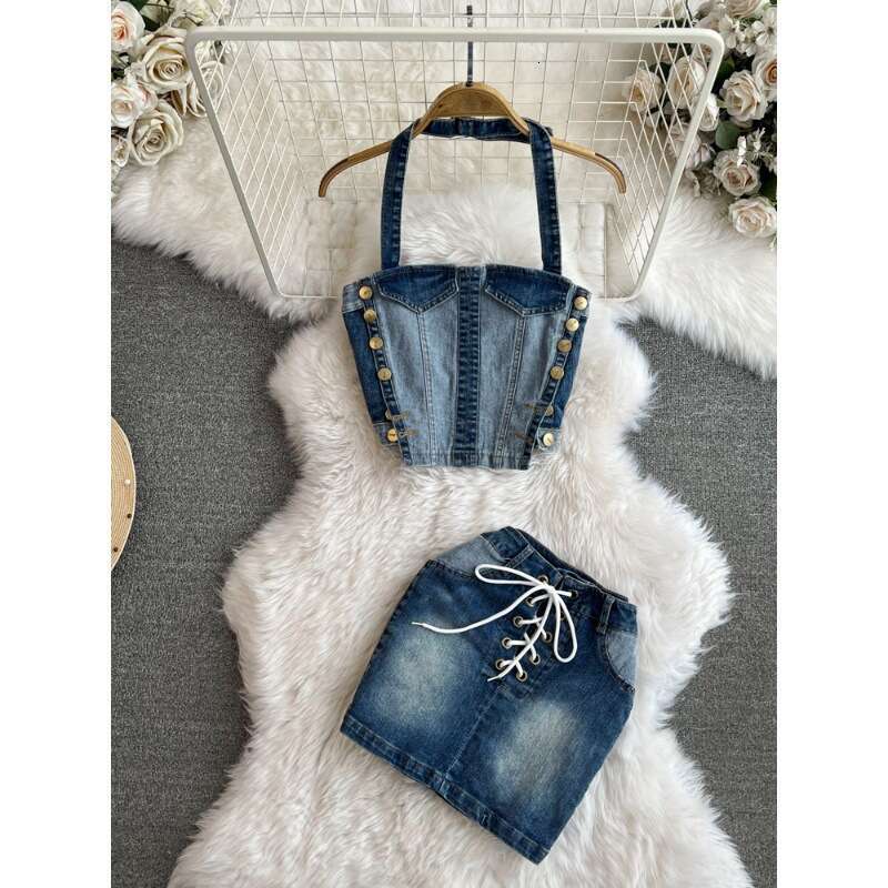 Fashion Color Blocking Spicy Girl Breasted Strapless Two-piece Set High Waisted Elastic Drawstring Wrapped Buttocks Denim Skirt Oversize Dress Denim D