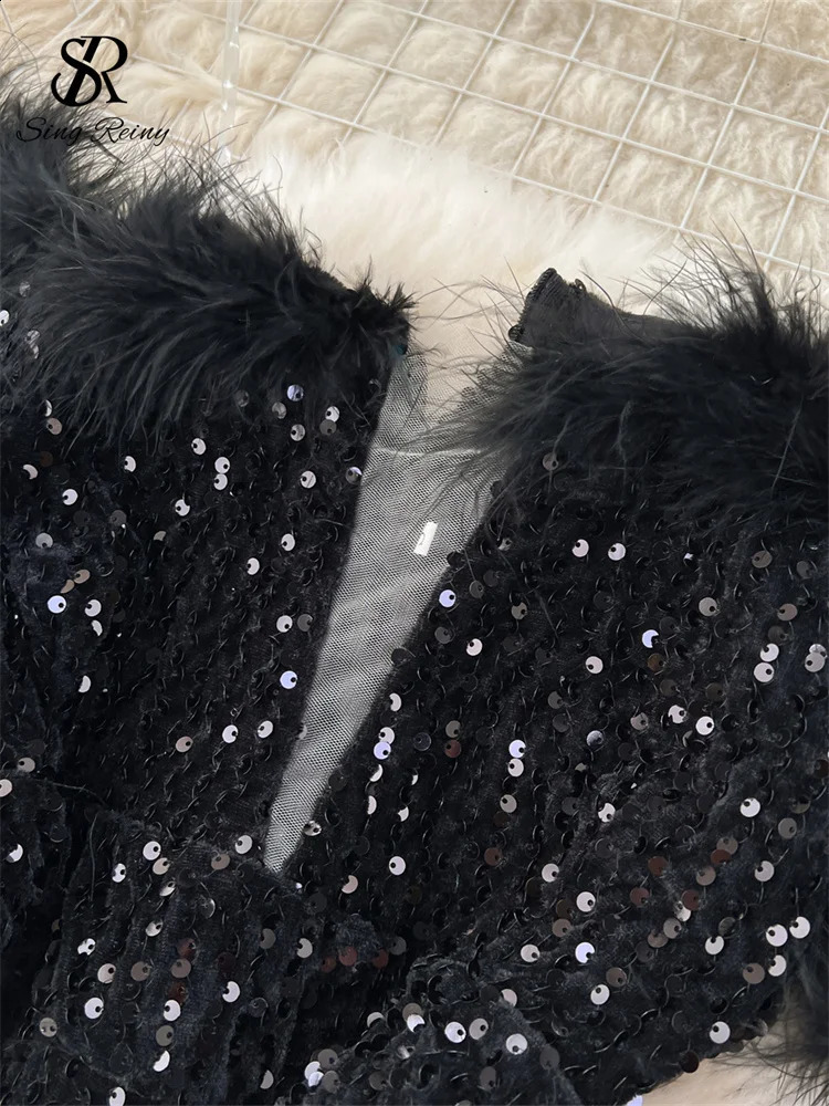 SINGREINY Autumn Elegant Sexy Black Jumpsuits Europen Fashion Off the Shoulder Feather Patchwork Sequins Slim Long Playsuit 240715