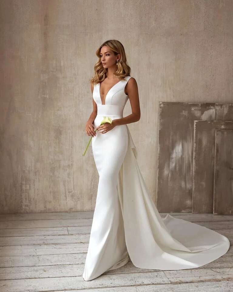 Mermaid Wedding Dress 2024 Detachable Train Bow V-Neck Elegant White Ivory Boho Simple Bridal Gown Sleevesless Vestidos De Novia